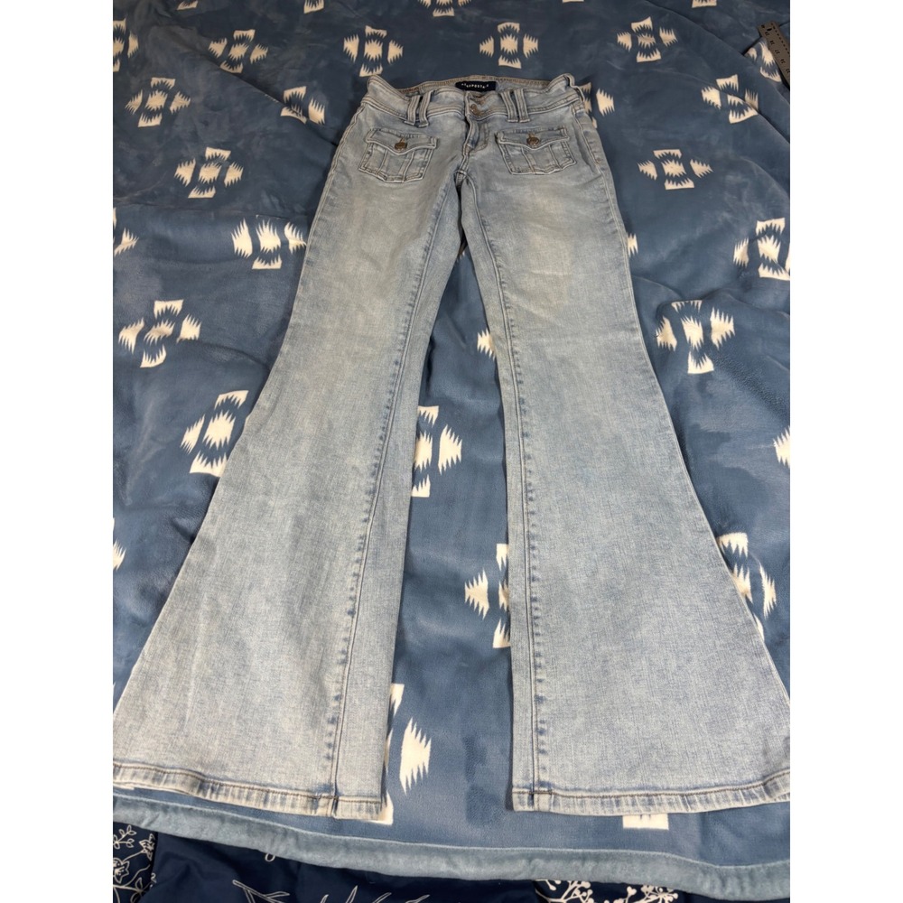 Aeropostale Womens Low Rise Flare Jeans Light Wash Blue Front Flap Pocket Size 0
